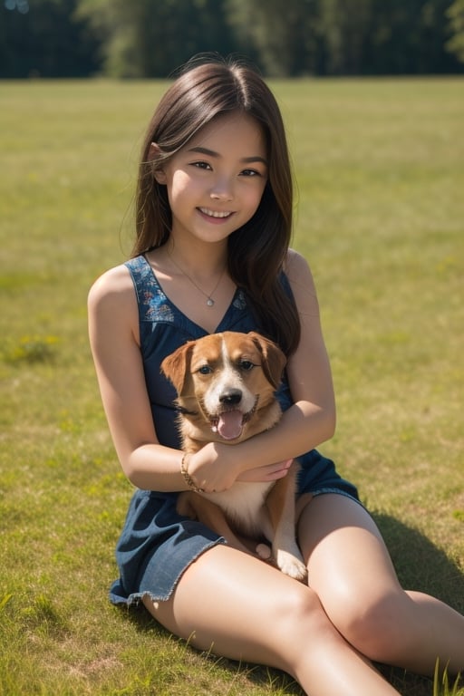 A cute adorable girl with a dog sitting on a grass field,