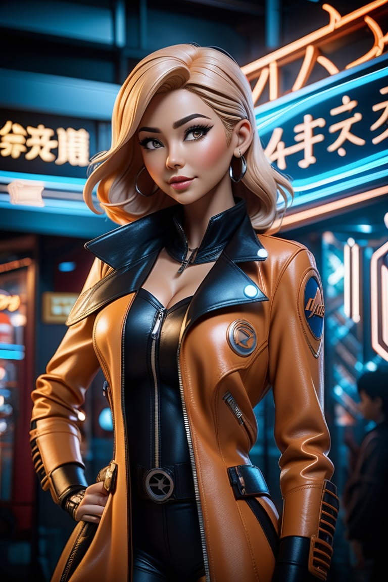 a woman standing in front of a neon sign, in the style of hyper-realistic sci-fi, steelpunk, candid shots of famous figures, mote kei, leather/hide, dc comics, sony alpha a1, anime style,