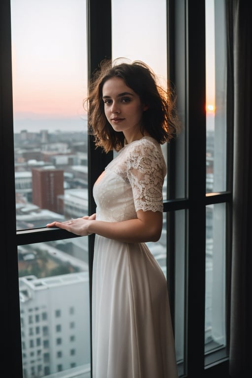 (masterpiece, RAW photo), portrait photo of a trendy beautiful girl standing next to a high rise window, short wavy hair, beautiful white evening dress, lace, intricate, , 50mm, f/1. 4, high detail, sharp focus, cowboy shot, rim light, sunset, 8K UHD