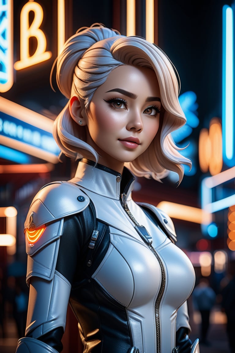 a woman standing in front of a neon sign, in the style of hyper-realistic sci-fi, steelpunk, candid shots of famous figures, mote kei, leather/hide, dc comics, sony alpha a1, anime style,