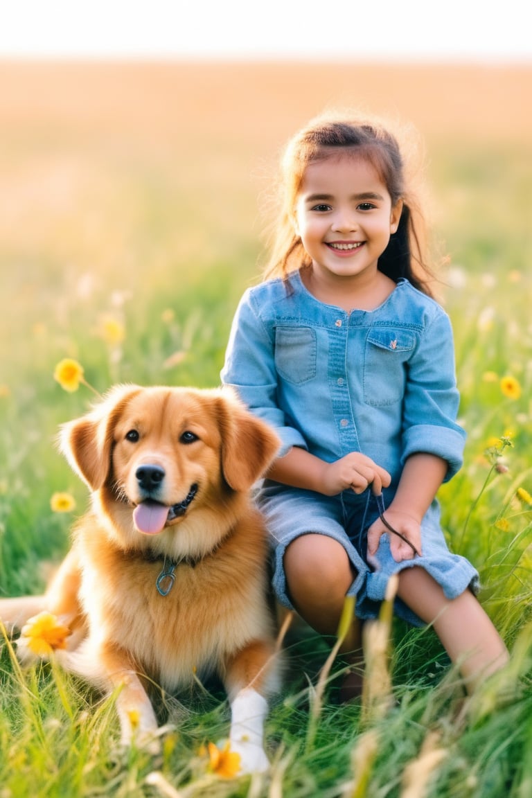 A cute adorable girl with a dog sitting on a grass field,