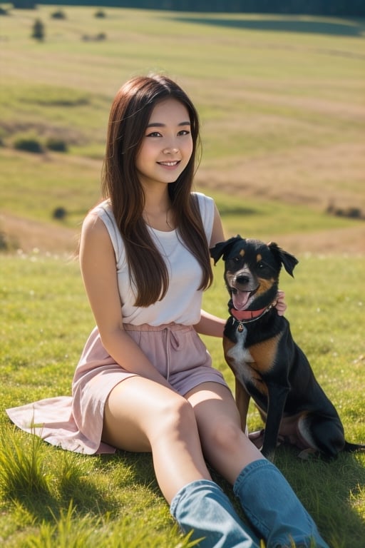 A cute adorable girl with a dog sitting on a grass field,
