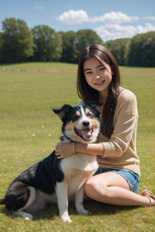 A cute adorable girl with a dog sitting on a grass field,