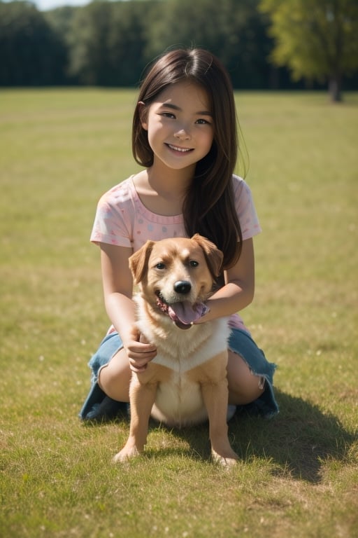 A cute adorable girl with a dog sitting on a grass field,