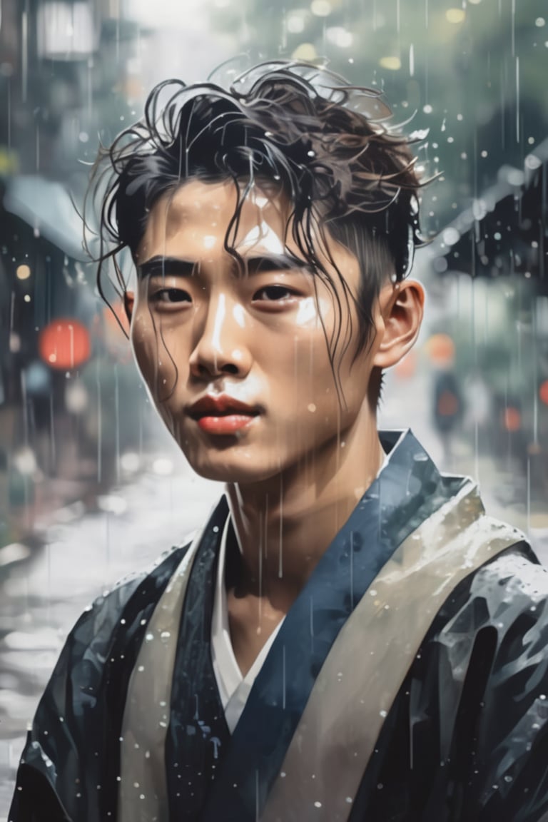 portrait of a boy with a beautiful face walking in the rain, korean painting style, 2D painting,