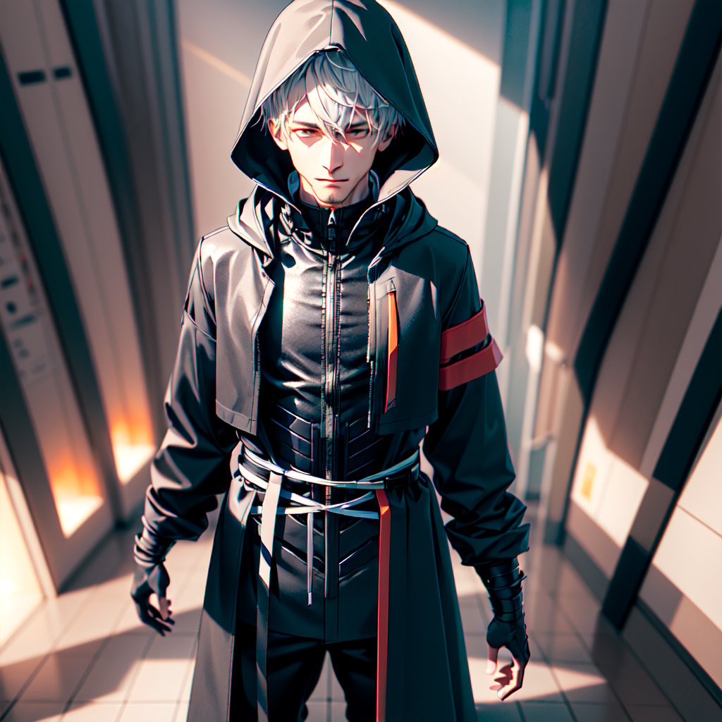 1 boy, white with hood, modern black raincoat, corset, chromatic aberration, particles, dark , atmosphere, realistic, blurry background, volumetric lighting, standing, portrait, looking at camera ,3DMM,
3D, hight quality really, blue color, finished,  V4,  