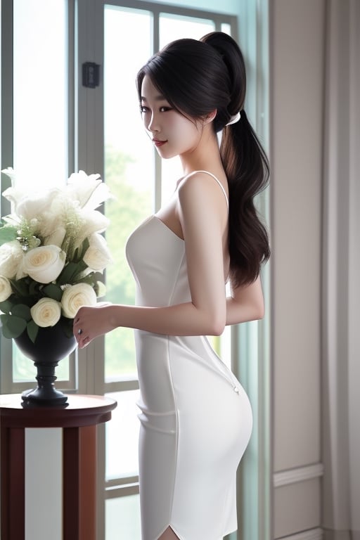 Korean girl with long silky hair and a tight ponytail on her head exudes elegance and charm. 
The dress should be black, perfect radiate a carefree and feminine vibe. 
Here are some details to consider:
Silhouette: Create a classic hourglass body shape, long and slim legs with thin heels
Neckline: Black sweetheart neckline bridesmaid dress
Sleeve length: Consider a sleeveless design and mini skirt 