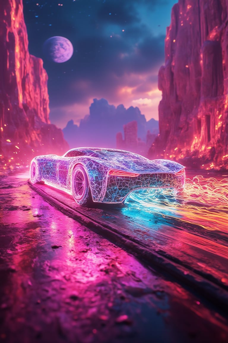 A futuristic neon racecar constructed from pulsating wireframes, speeding through an otherworldly canyon with glowing crystalline walls. The car’s sharp edges emit vibrant rainbow hues that shift with its velocity, creating a dazzling light show. As the vehicle zooms past, it leaves behind trails of swirling, luminescent particles. The canyon walls mirror the car’s glowing spectrum, amplifying the surreal, high-energy environment. The sky is filled with alien constellations, and distant, floating islands shimmer in the neon haze,cloudy,Gambit,Neonwireframe