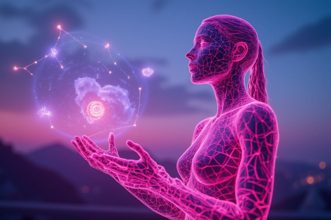 A neon glowing wireframe humanoid woman with vivid pink lines, navigating a virtual galaxy through a floating control interface at dawn. The scene is captured from a dynamic, top-down angle, highlighting the glowing constellations she adjusts with her fingertips. Soft, early morning light filters through the digital space, casting delicate reflections on her neon wireframe body, with the pink lines emphasizing her connection to the virtual cosmos. The background features swirling galaxies and stars, all blurred to accentuate her precise manipulation. The pastel sky adds a surreal, dreamlike quality to the scene.
(1.6-1) d S = δ Q rev T::[0.8] neon_wireframe_woman::[1.2] virtual_galaxy --s 6
,Neon Glow,Wireframe,Neon Wireframe,Holographic Network,Futuristic Avatar,Hologram,Cyberpunk,Futuristic technology,Neon lighting,Virtual Interface,Glowing effects,High-tech interface,digital glow,digital projection,Augmented reality