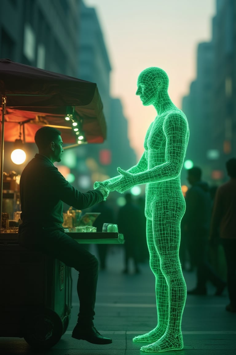 A neon glowing wireframe humanoid man with vivid green lines, buying coffee from a street vendor through a crowded urban street at dawn. The scene is captured from an over-the-shoulder angle, highlighting the wireframe’s interaction with the vendor. Soft, early morning light creates faint glows on the neon lines, with reflections emphasizing the contrast between the glowing figure and the everyday crowd. The background features blurred city buildings and pedestrians, enhancing the focus on the interaction. The pastel morning sky adds to the calm, everyday atmosphere.
(1.6-1) d S = δ Q rev T::[1.0] neon_wireframe_man::[1.0] city_street --s 6
,Neon Glow,Wireframe,Neon Wireframe,Holographic Network,Futuristic Avatar,Hologram,Cyberpunk,Futuristic technology,Neon lighting,Virtual Interface,Glowing effects,High-tech interface,digital glow,digital projection,Augmented reality