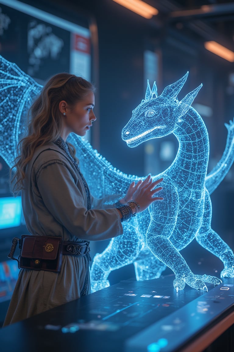 A neon glowing wireframe humanoid woman with cyan lines, assembling a digital map of the world through a sleek virtual command center at midday. The scene is captured from a front-facing, mid-shot angle, focusing on the holographic world projection she manipulates with precision. Bright, direct lighting from virtual screens creates soft glows on her wireframe body, with cyan lines emphasizing the seamless connection between her hands and the digital world. The background features blurred virtual data feeds and command consoles, all accentuating her role as the orchestrator of this holographic domain. The bright, artificial lighting adds to the clean, technological atmosphere. (1.6-1) d S = δ Q rev T::[1.2] neon_wireframe_woman::[0.8] digital_command_center --s 10,Magic,Glow,Enchantment,Light,Sparkle,Mystical,Whisper,Storybook,Magicallights,divinelights,Neon Glow,Wireframe,Neon Wireframe,Holographic Network,Futuristic Avatar,1girl, (((dragon, sitting on arm, spread wings, ))) The wings are spread to its full size, stressing the anormity of the dragon. The dragon has something mysterious about it. It is a dragon that looks really big and majestic, beautiful, wondrous. Its beak look like a dragon beak, its talons also, both beak and talons very strong and curved like a dragon of prey. The soft bluish black feathers are plain beautiful. The girl is a misterious elven girl with pointed ears and wavy blond hair. She is beautiful. She wears a long silvery robe with golden embroidering. On her belt she has leather pouches. (((the dragon is landing on arm))), (((no relaxed wings, agitated))), (((number of talons is 4 talons on each foot))), (((same claw position for both feet))), (((feet tightly around surface))),A mysterious bat that looks evil. The bat holds itself on a branch. It has a creepy red skin and giant ears. The eyes are cristal blue. It is looking at the viewer. The mouth is wide open to show its sharp teeth. This bat looks like the inbreed of evil itself, like it came from the dark pit itself. (((not cropped))),sitting on branch,flying
,Neon Glow,Wireframe,Neon Wireframe,Holographic Network,Futuristic Avatar,Hologram,Cyberpunk,Futuristic technology,Neon lighting,Virtual Interface,Glowing effects,High-tech interface,digital glow,digital projection,Augmented reality,PetDragon2024xl,Magic,Enchantment,Light,Sparkle,Mystical,Whisper,Storybook,Magicallights,divinelights