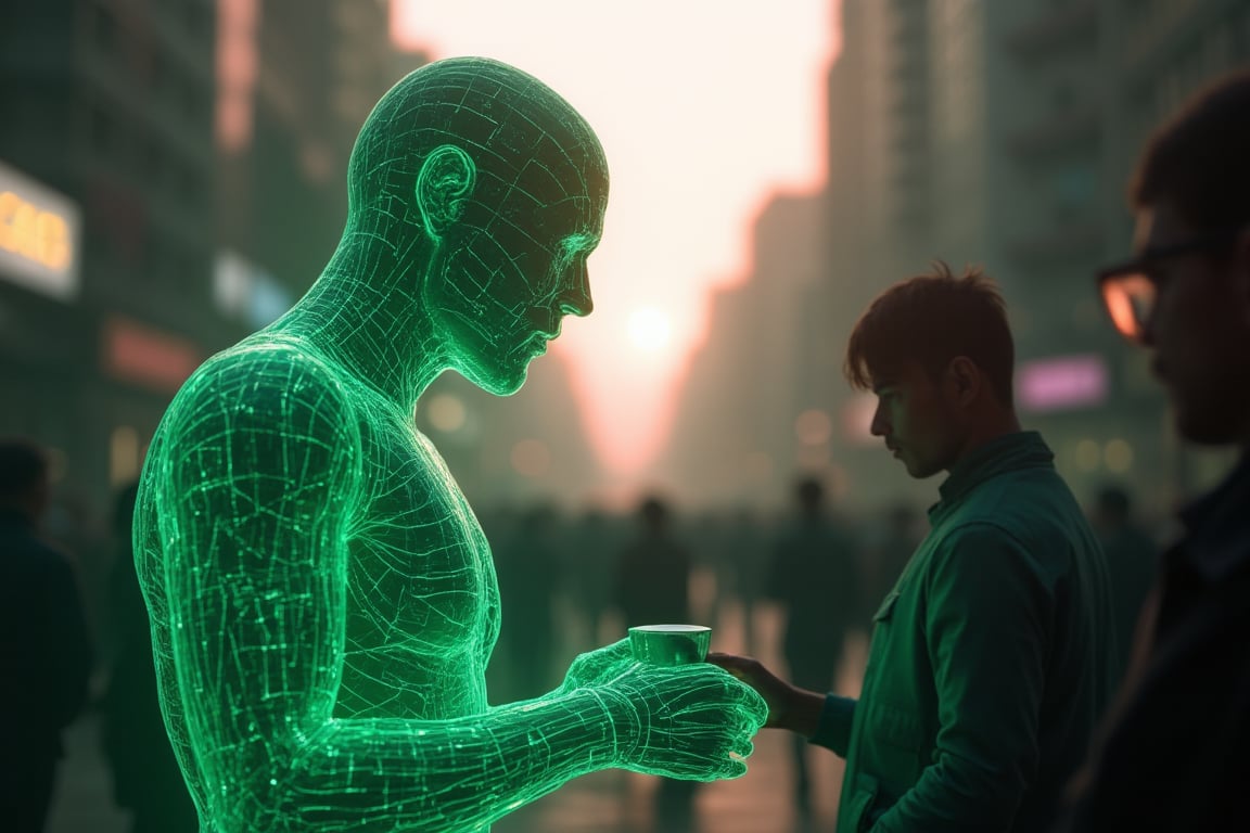 A neon glowing wireframe humanoid man with vivid green lines, buying coffee from a street vendor through a crowded urban street at dawn. The scene is captured from an over-the-shoulder angle, highlighting the wireframe’s interaction with the vendor. Soft, early morning light creates faint glows on the neon lines, with reflections emphasizing the contrast between the glowing figure and the everyday crowd. The background features blurred city buildings and pedestrians, enhancing the focus on the interaction. The pastel morning sky adds to the calm, everyday atmosphere.
(1.6-1) d S = δ Q rev T::[1.0] neon_wireframe_man::[1.0] city_street --s 6
,Neon Glow,Wireframe,Neon Wireframe,Holographic Network,Futuristic Avatar,Hologram,Cyberpunk,Futuristic technology,Neon lighting,Virtual Interface,Glowing effects,High-tech interface,digital glow,digital projection,Augmented reality