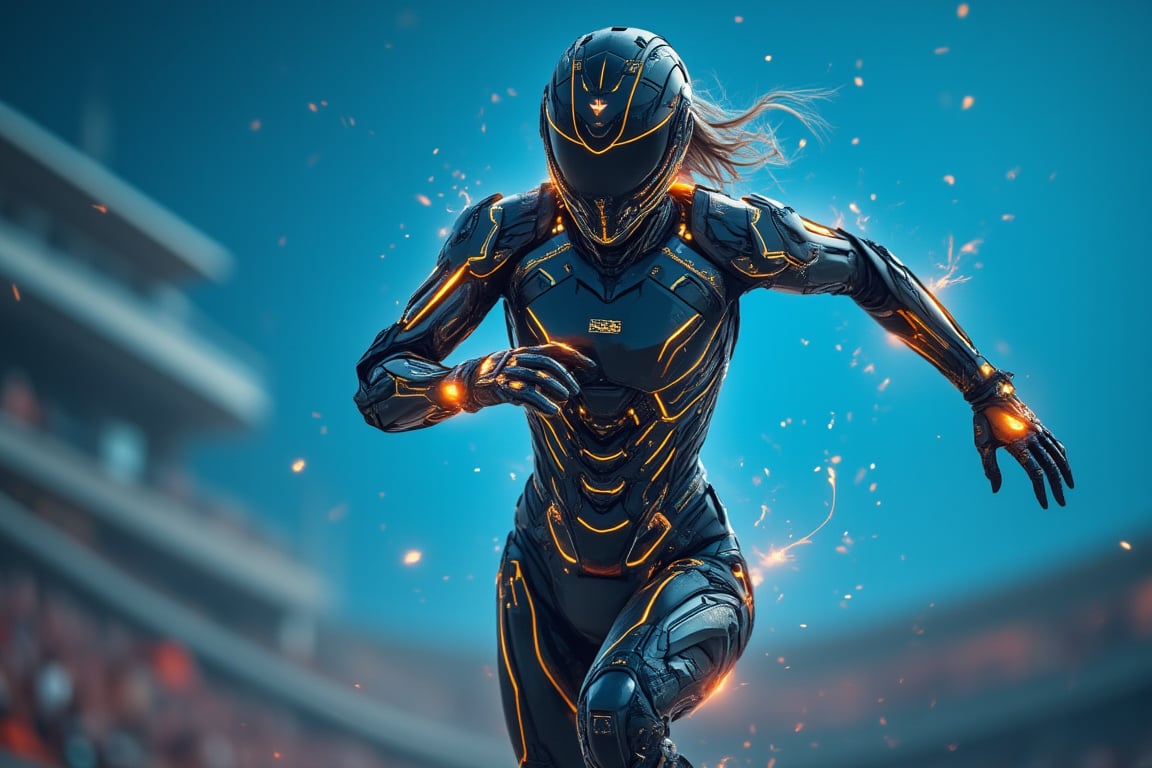 A close-up of a mecha woman made of glowing neon wireframe lines with no fill, sprinting in a futuristic stadium at midday. The scene is captured from a side, mid-torso angle, highlighting the glowing lines around her arms and legs. Bright, direct lighting creates intense glows on the wireframe surface, with the neon lines emphasizing her speed. The background features blurred stadium structures and crowds, enhancing the focus on the weoman's rapid motion. The clear blue sky adds to the vibrant, high-energy atmosphere.
(1.6-1) d S = δ Q rev T::[1.2] neon_wireframe_closeup::[0.8] futuristic_stadium --s 10,Hologram,Cyberpunk,Futuristic technology,Neon lighting,Virtual Interface,Glowing effects,High-tech interface,digital glow,digital projection,Augmented reality,Magic,Glow,Enchantment,Light,Sparkle,Mystical,Whisper,Storybook,Magicallights,divinelights,hanemperor23