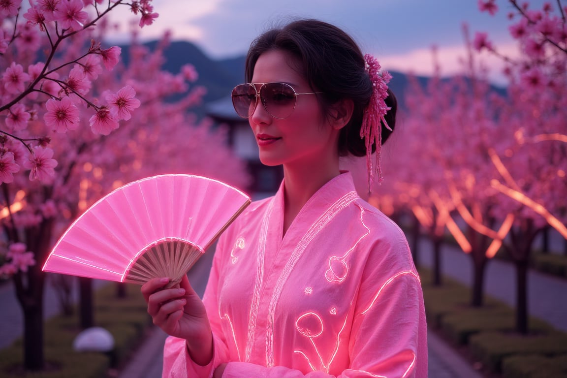 A lady in a glowing pink hanfu outlined in neon, her hand gracefully holding a fan, standing beneath vibrant neon cherry blossoms through a peaceful, futuristic temple garden at twilight. The scene is captured from a low angle, highlighting the neon outlines of her fan as it reflects the cherry blossoms' glow. Soft neon lighting creates a magical glimmer on her attire’s surface, with luminous accents emphasizing her serene expression. The background features blurred neon branches, all softened to emphasize her stillness. The neon sky complements the tranquil atmosphere.
(1.6-1) d S = δ Q rev T::[0.7] [lady]::[0.3] [neon-cherry_blossoms] --s [neon-hanfu],PTAIHanfu, Enchantment, Neon Wireframe,Carrera 5623 PD,sunglass