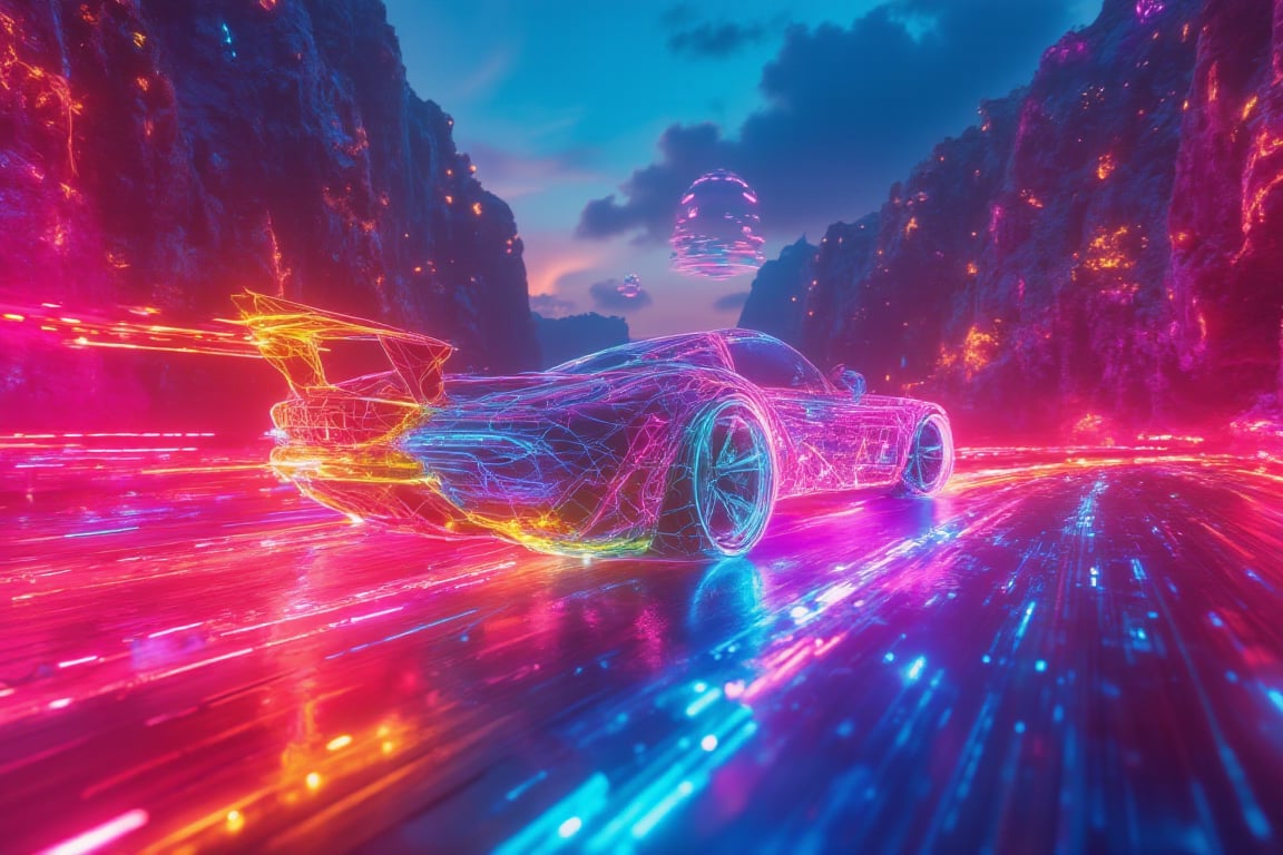 A futuristic neon racecar constructed from pulsating wireframes, speeding through an otherworldly canyon with glowing crystalline walls. The car’s sharp edges emit vibrant rainbow hues that shift with its velocity, creating a dazzling light show. As the vehicle zooms past, it leaves behind trails of swirling, luminescent particles. The canyon walls mirror the car’s glowing spectrum, amplifying the surreal, high-energy environment. The sky is filled with alien constellations, and distant, floating islands shimmer in the neon haze,cloudy,Gambit,Neonwireframe