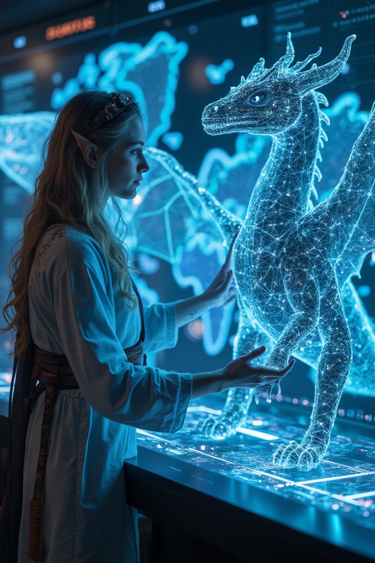 A neon glowing wireframe humanoid woman with cyan lines, assembling a digital map of the world through a sleek virtual command center at midday. The scene is captured from a front-facing, mid-shot angle, focusing on the holographic world projection she manipulates with precision. Bright, direct lighting from virtual screens creates soft glows on her wireframe body, with cyan lines emphasizing the seamless connection between her hands and the digital world. The background features blurred virtual data feeds and command consoles, all accentuating her role as the orchestrator of this holographic domain. The bright, artificial lighting adds to the clean, technological atmosphere. (1.6-1) d S = δ Q rev T::[1.2] neon_wireframe_woman::[0.8] digital_command_center --s 10,Magic,Glow,Enchantment,Light,Sparkle,Mystical,Whisper,Storybook,Magicallights,divinelights,Neon Glow,Wireframe,Neon Wireframe,Holographic Network,Futuristic Avatar,1girl, (((dragon, sitting on arm, spread wings, ))) The wings are spread to its full size, stressing the anormity of the dragon. The dragon has something mysterious about it. It is a dragon that looks really big and majestic, beautiful, wondrous. Its beak look like a dragon beak, its talons also, both beak and talons very strong and curved like a dragon of prey. The soft bluish black feathers are plain beautiful. The girl is a misterious elven girl with pointed ears and wavy blond hair. She is beautiful. She wears a long silvery robe with golden embroidering. On her belt she has leather pouches. (((the dragon is landing on arm))), (((no relaxed wings, agitated))), (((number of talons is 4 talons on each foot))), (((same claw position for both feet))), (((feet tightly around surface))),A mysterious bat that looks evil. The bat holds itself on a branch. It has a creepy red skin and giant ears. The eyes are cristal blue. It is looking at the viewer. The mouth is wide open to show its sharp teeth. This bat looks like the inbreed of evil itself, like it came from the dark pit itself. (((not cropped))),sitting on branch,flying
,Neon Glow,Wireframe,Neon Wireframe,Holographic Network,Futuristic Avatar,Hologram,Cyberpunk,Futuristic technology,Neon lighting,Virtual Interface,Glowing effects,High-tech interface,digital glow,digital projection,Augmented reality,PetDragon2024xl,Magic,Enchantment,Light,Sparkle,Mystical,Whisper,Storybook,Magicallights,divinelights