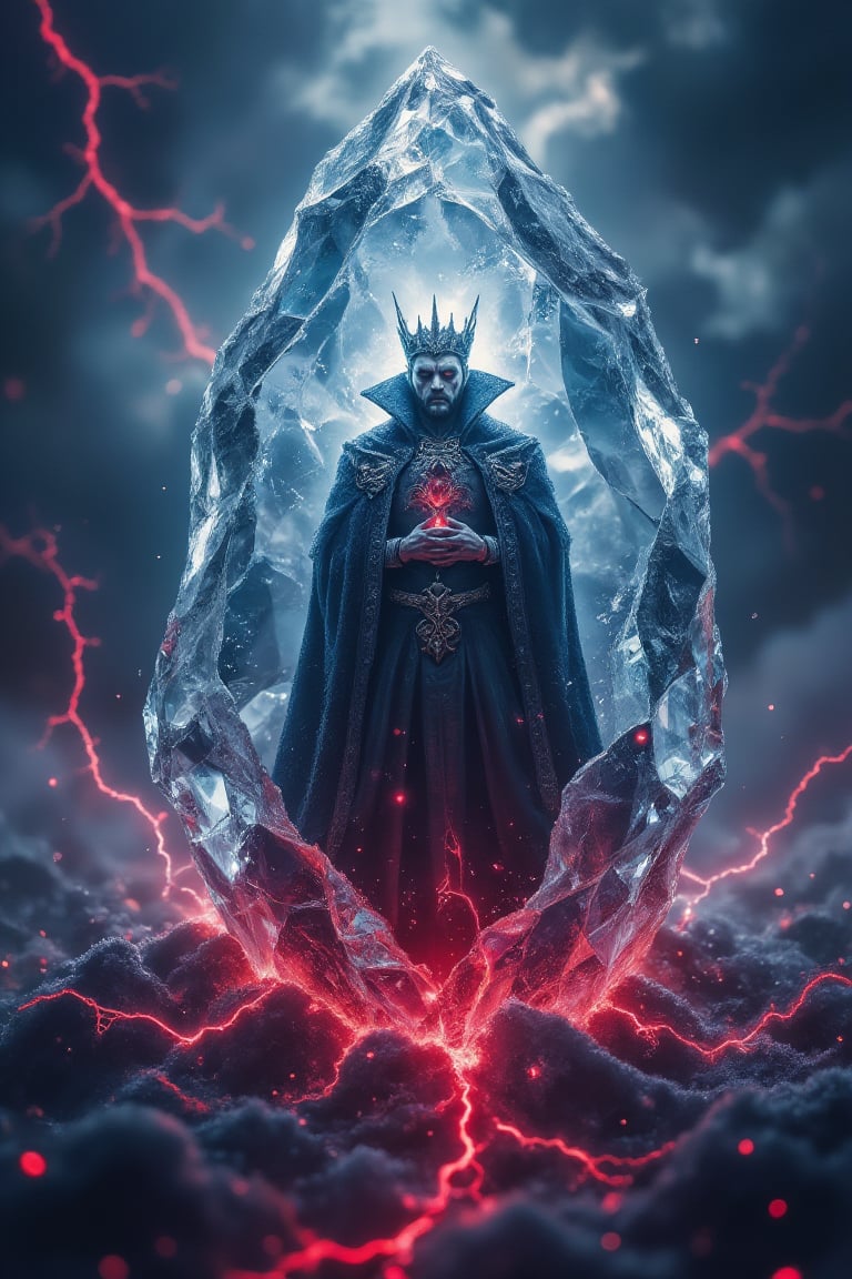 In a vast, darkened landscape under a storm-torn sky, a colossal frozen crystal stands at the center, its facets sharp and gleaming like shards of ice. Encased within is the Vampire King, his eyes slowly opening, emitting a haunting glow that pierces through the crystal. His regal robes are intertwined with frost, and ancient runes shimmer along the fabric.

The background is alive with a tempest of red thunder and lightning, each bolt illuminating the scene with crimson flashes. The thunderclouds swirl violently, casting a dramatic contrast between the deep reds and the icy blues of the crystal. The ground below is fractured, with veins of red light pulsing through the cracks, as if the very earth responds to his awakening.

The composition blends elements of gothic grandeur and supernatural energy. The crystal begins to fracture, tiny shards floating away, symbolizing the breaking of his long slumber. The play of light reflects off both the ice and the storm, creating a mesmerizing interplay of colors and textures. The overall atmosphere is one of awe and impending power, capturing the moment just before the Vampire King reclaims his dominion.,VampireLord,CrimsonVampire,LightningThunder,IceElement,IceFrost