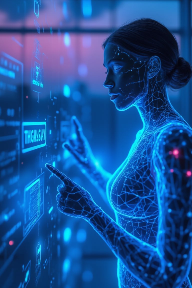 A neon glowing wireframe humanoid woman with radiant blue lines, manipulating the virtual digital holographic world through a sleek, futuristic control room at dusk. The scene is captured from a wide-angle shot, highlighting her hands as they interact with holographic panels, with neon patterns tracing her arms. Soft, ambient lighting from the holographic displays creates glowing reflections on her surface, with the neon lines emphasizing the fluidity of her movements. The background features blurred digital displays and floating icons, all accentuating her command over the virtual space. The dim, violet sky outside the windows enhances the technological, sophisticated atmosphere.
(1.6-1) d S = δ Q rev T::[0.9] neon_wireframe_woman::[1.1] holographic_room --s 7,Neon Glow,Wireframe,Neon Wireframe,Holographic Network,Futuristic Avatar,Hologram,Cyberpunk,Futuristic technology,Neon lighting,Virtual Interface,Glowing effects,High-tech interface,digital glow,digital projection,Augmented reality