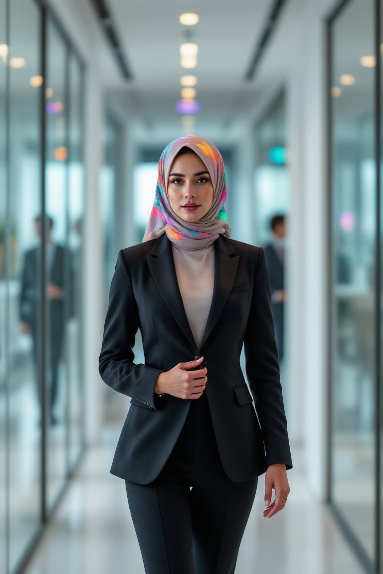 A businesswoman with a sharp tailored suit posing confidently through a modern office space at midday. The scene is captured from a low-angle shot, highlighting her assertive stance. Prismatic kaleidoscope lighting creates a spectrum of colors on the businesswoman's surface, with fragmented reflections emphasizing her dynamic role. The background features sleek glass walls and minimalist decor, all blurred to accentuate the businesswoman's presence. The bright office lighting enhances the overall professional atmosphere.

(1.6-1) dS = δQ_rev/T::0.7 businesswoman::0.3 modern office space --s prismatic kaleidoscope lighting effects,PrismKaleidoscope,BusinesswomanHijab