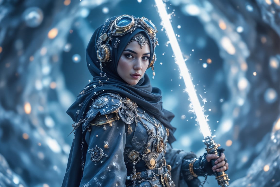 An elegant hijabi steampunk lady with intricate brass goggles holds a white lightsaber frozen in an ice crystal cave at dusk. The scene is captured from a low angle, highlighting the elaborate mechanical details of her attire. Soft blue lighting creates shimmering reflections on the ice surfaces, with subtle steam emphasizing the cold atmosphere. The background features towering ice formations, all blurred to accentuate the main subject's stillness. The darkening sky enhances the overall mysterious atmosphere.

(1.6-1) d S = δ Q rev T::0.2 elegant hijabi steampunk lady::0.8 ice crystal cave --s cinematic,Lightsaberpose,IceElement,IceFrost,SteampunkHijab