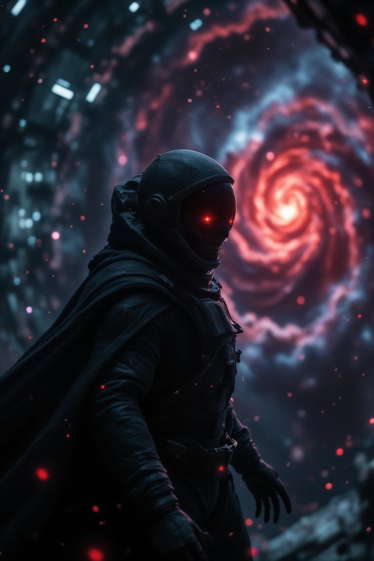 A vampire lord with glowing red eyes plotting ominously through a space station at midnight. The scene is captured from a low-angle shot, highlighting his dark cape billowing. Dim, eerie lighting creates sharp contrasts on the vampire's surface, with shadows emphasizing his sinister expression. The background features distant stars and planets, all blurred to accentuate the vampire's presence. The crimson-tinted nebula enhances the overall creepy atmosphere.

(1.6-1) dS = δQ_rev/T::0.7 vampire lord::0.3 space station --s creepy crimson vibes,VampireLord,CrimsonVampire,SpaceAstronaut