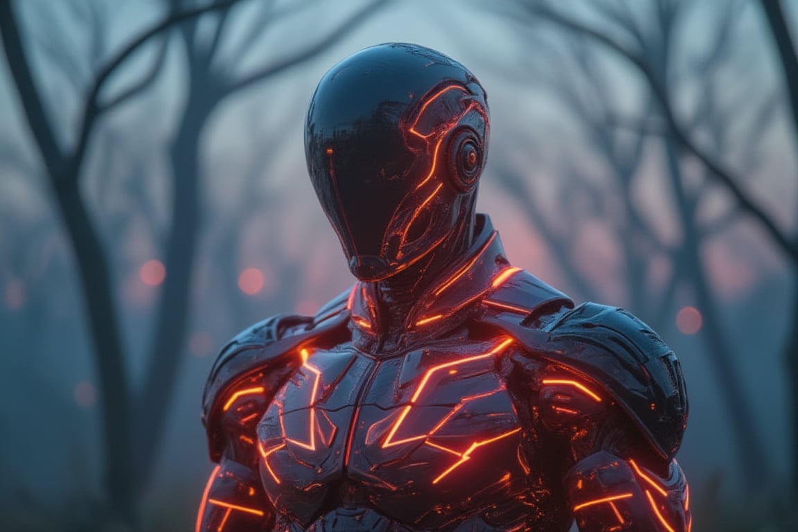 A close-up of an ominous looking mecha made of glowing neon wireframe lines, standing still in a forest of abstract geometric trees at dawn. The scene is captured from a straight-on, focused angle, highlighting the neon patterns across his chest and arms. Gentle morning light creates soft glows on the wireframe, with neon effects accentuating the contrast with the abstract environment. The background features blurred geometric trees, enhancing the man’s serene presence. The pastel sky adds to the tranquil, surreal atmosphere.
(1.6-1) d S = δ Q rev T::[0.6] neon_wireframe_closeup::[1.4] abstract_forest --s 6