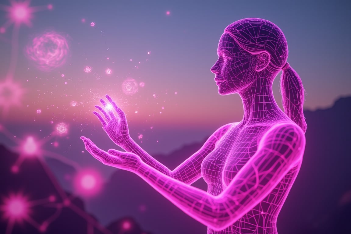 A neon glowing wireframe humanoid woman with vivid pink lines, navigating a virtual galaxy through a floating control interface at dawn. The scene is captured from a dynamic, top-down angle, highlighting the glowing constellations she adjusts with her fingertips. Soft, early morning light filters through the digital space, casting delicate reflections on her neon wireframe body, with the pink lines emphasizing her connection to the virtual cosmos. The background features swirling galaxies and stars, all blurred to accentuate her precise manipulation. The pastel sky adds a surreal, dreamlike quality to the scene.
(1.6-1) d S = δ Q rev T::[0.8] neon_wireframe_woman::[1.2] virtual_galaxy --s 6
,Neon Glow,Wireframe,Neon Wireframe,Holographic Network,Futuristic Avatar,Hologram,Cyberpunk,Futuristic technology,Neon lighting,Virtual Interface,Glowing effects,High-tech interface,digital glow,digital projection,Augmented reality