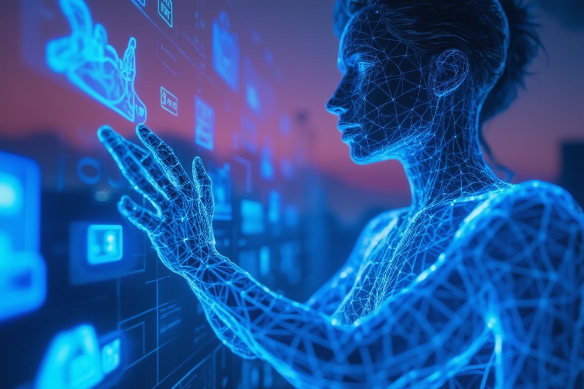 A neon glowing wireframe humanoid woman with radiant blue lines, manipulating the virtual digital holographic world through a sleek, futuristic control room at dusk. The scene is captured from a wide-angle shot, highlighting her hands as they interact with holographic panels, with neon patterns tracing her arms. Soft, ambient lighting from the holographic displays creates glowing reflections on her surface, with the neon lines emphasizing the fluidity of her movements. The background features blurred digital displays and floating icons, all accentuating her command over the virtual space. The dim, violet sky outside the windows enhances the technological, sophisticated atmosphere.
(1.6-1) d S = δ Q rev T::[0.9] neon_wireframe_woman::[1.1] holographic_room --s 7,Neon Glow,Wireframe,Neon Wireframe,Holographic Network,Futuristic Avatar,Hologram,Cyberpunk,Futuristic technology,Neon lighting,Virtual Interface,Glowing effects,High-tech interface,digital glow,digital projection,Augmented reality