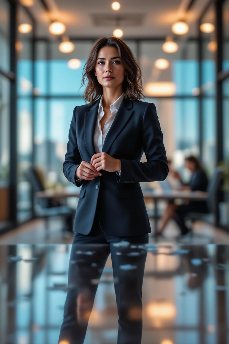 A businesswoman with a sharp tailored suit posing confidently through a modern office space at midday. The scene is captured from a low-angle shot, highlighting her assertive stance. Prismatic kaleidoscope lighting creates a spectrum of colors on the businesswoman's surface, with fragmented reflections emphasizing her dynamic role. The background features sleek glass walls and minimalist decor, all blurred to accentuate the businesswoman's presence. The bright office lighting enhances the overall professional atmosphere.

(1.6-1) dS = δQ_rev/T::0.7 businesswoman::0.3 modern office space --s prismatic kaleidoscope lighting effects,PrismKaleidoscope,Businesswoman,Businesswomanpose