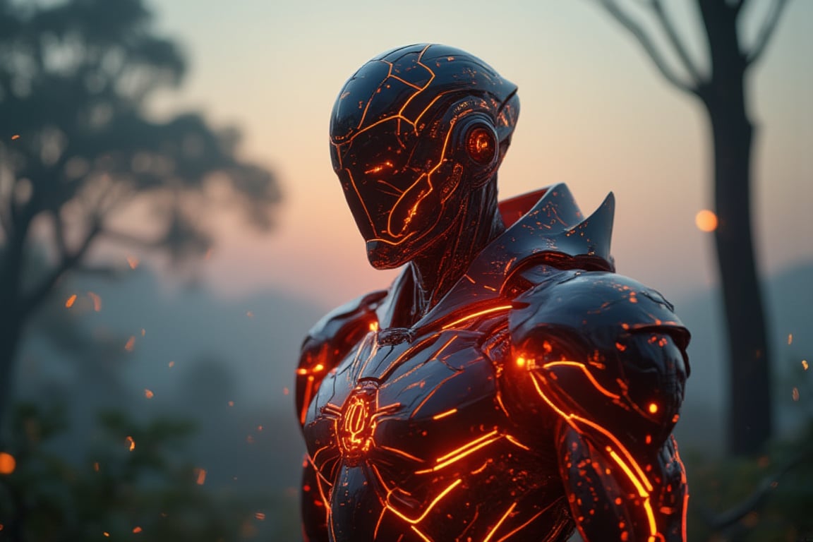 A close-up of an ominous looking mecha made of glowing neon wireframe lines, standing still in a forest of abstract geometric trees at dawn. The scene is captured from a straight-on, focused angle, highlighting the neon patterns across his chest and arms. Gentle morning light creates soft glows on the wireframe, with neon effects accentuating the contrast with the abstract environment. The background features blurred geometric trees, enhancing the man’s serene presence. The pastel sky adds to the tranquil, surreal atmosphere.
(1.6-1) d S = δ Q rev T::[0.6] neon_wireframe_closeup::[1.4] abstract_forest --s 6,Hologram,Cyberpunk,Futuristic technology,Neon lighting,Virtual Interface,Glowing effects,High-tech interface,digital glow,digital projection,Augmented reality,Magic,Glow,Enchantment,Light,Sparkle,Mystical,Whisper,Storybook,Magicallights,divinelights,mechanx