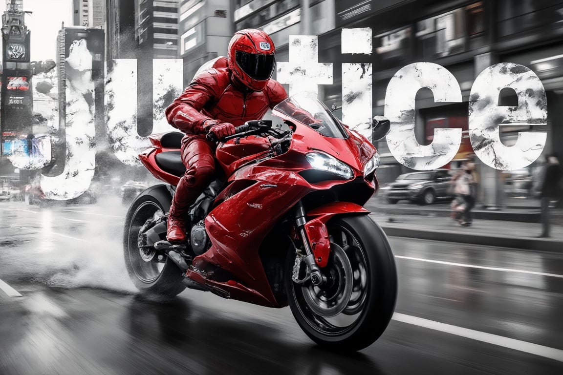 IMG_1998.HEIC Coquelicot red-masked rider riding a motorcycle at high speed, selective coloring, grey monochrome, big white text "justice" in half opacity on background between the rider and a blurred city skyline.,SelectiveImpact,Monochrome Pop,reda