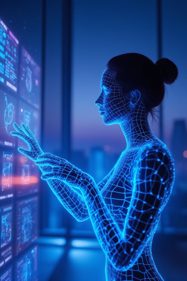 A neon glowing wireframe humanoid woman with radiant blue lines, manipulating the virtual digital holographic world through a sleek, futuristic control room at dusk. The scene is captured from a wide-angle shot, highlighting her hands as they interact with holographic panels, with neon patterns tracing her arms. Soft, ambient lighting from the holographic displays creates glowing reflections on her surface, with the neon lines emphasizing the fluidity of her movements. The background features blurred digital displays and floating icons, all accentuating her command over the virtual space. The dim, violet sky outside the windows enhances the technological, sophisticated atmosphere.
(1.6-1) d S = δ Q rev T::[0.9] neon_wireframe_woman::[1.1] holographic_room --s 7,Neon Glow,Wireframe,Neon Wireframe,Holographic Network,Futuristic Avatar,Hologram,Cyberpunk,Futuristic technology,Neon lighting,Virtual Interface,Glowing effects,High-tech interface,digital glow,digital projection,Augmented reality