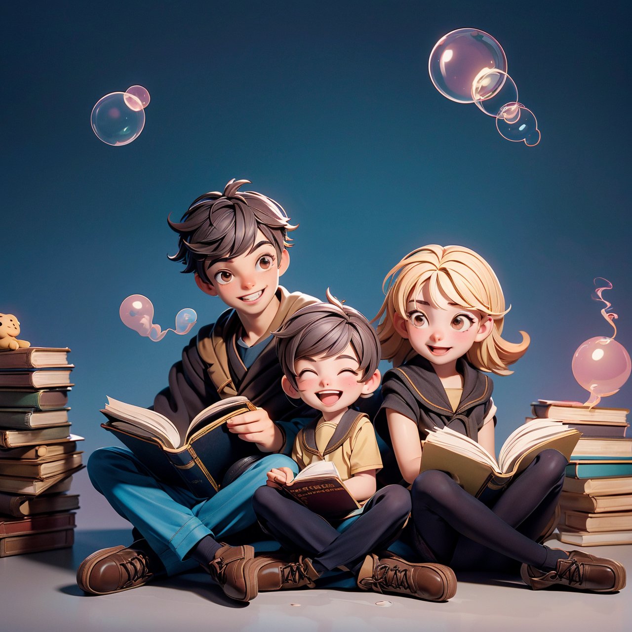 Two happy children, a boy and a girl, sitting on the floor reading books. The excitement and knowledge from the stories in the books go around them like bubbles and smoke