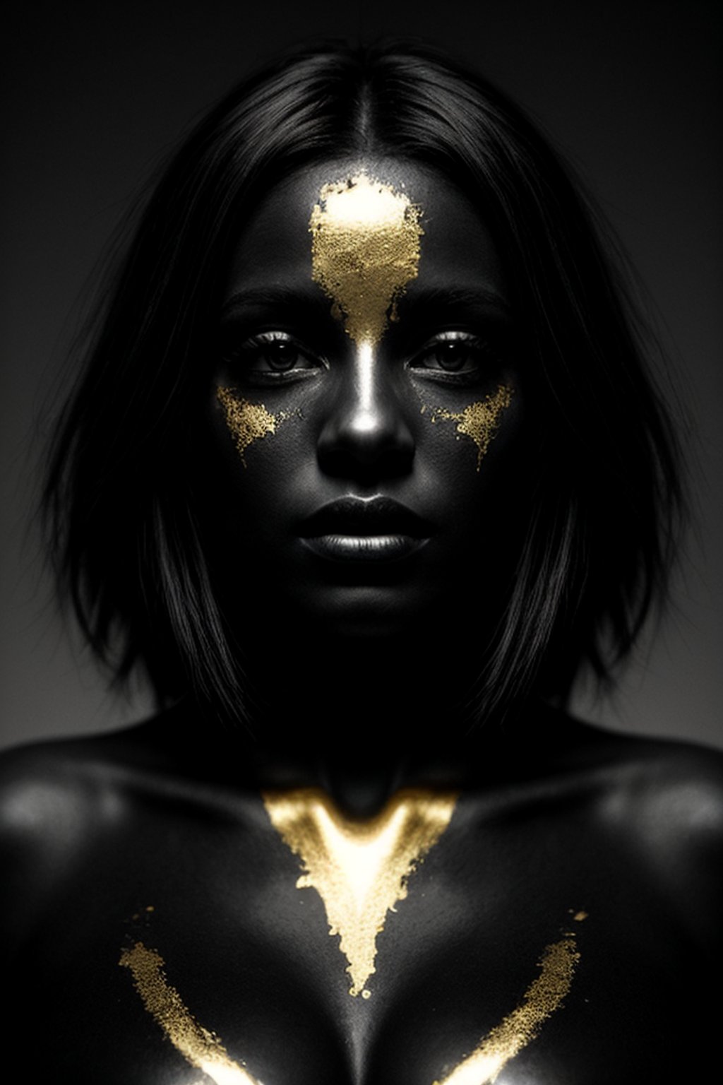 liquid paint with gold on black background. A beautiful dark woman in black-white. close up, 
