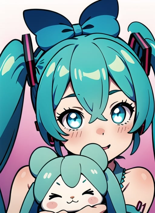 masterpiece, good lighting, perfectly detailed, best quality, masterpiece, perfectly detailed, (Hatsune Miku, glowing eyes), (Cinnamon Miku, bow on head, glowing eyes, rabbit doll with bow on head),(Hatsune Miku,(Cinnamon Miku