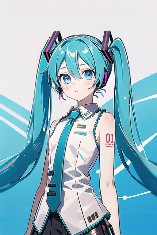 wear the miku costume,blue hair,blue eyes,beutiful,tall girl,not tied,blue Eyes,there is a hint of  blue under his hair,mikudef | wear a blue tie,no_humans, (Hatsune Miku, glowing eyes)