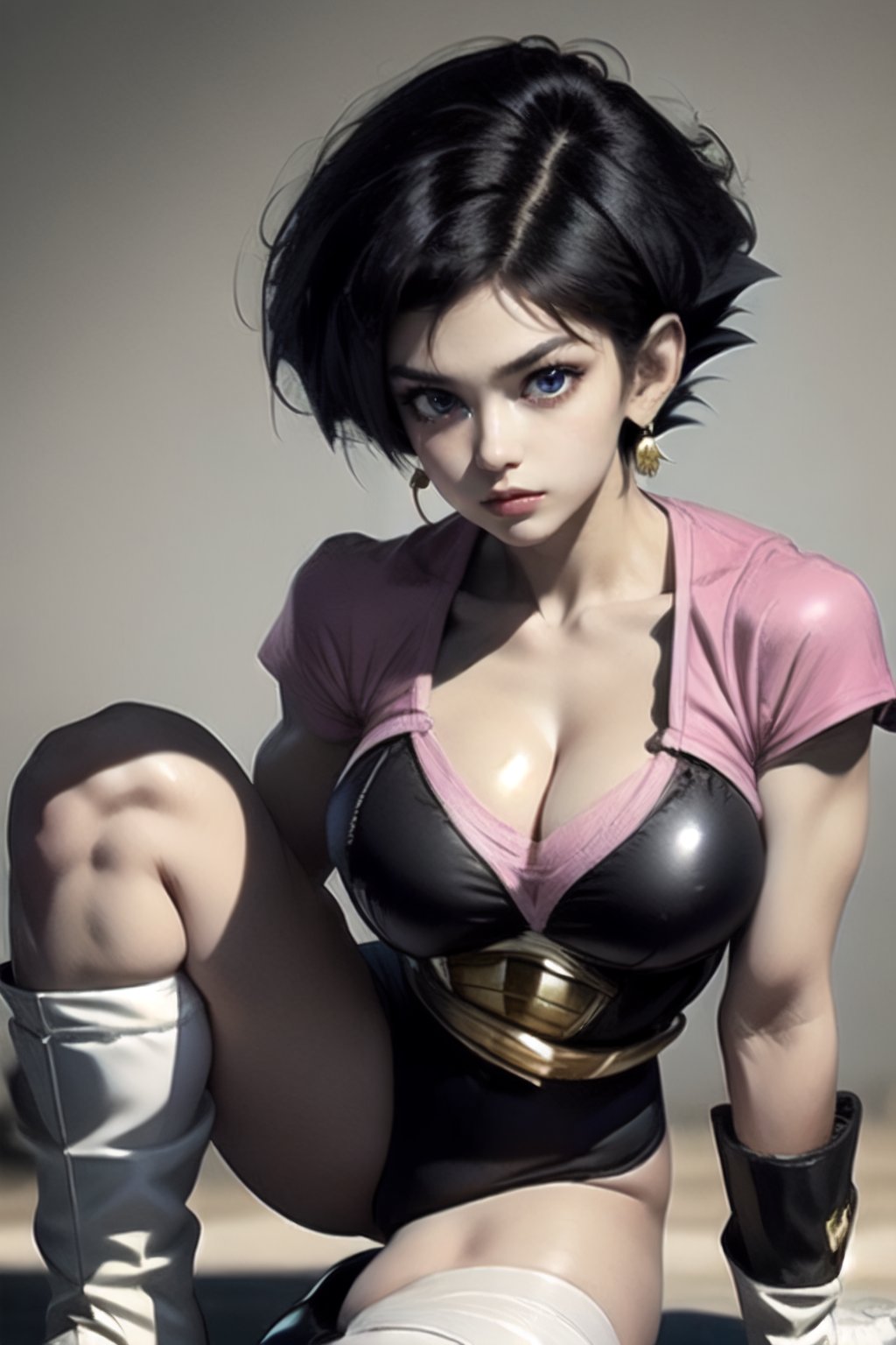 masterpiece, perfectly detailed, detailed face, detailed eyes, beautiful eyes,, masterpiece,Detailedface,suujiniku,fasha, saiyan armor, tail, white boots,Fasha, 1tail, 1girl, suujiniku, short hair, black hair, (black eyes:1.4), big breasts,  saiyan armor, brown cat tail,fasha, saiyan armor, pink leotard, white gloves, tail, black knee pads with pink straps, yellow knee high socks of different sizes, white boots, monkey tail,1 girl,