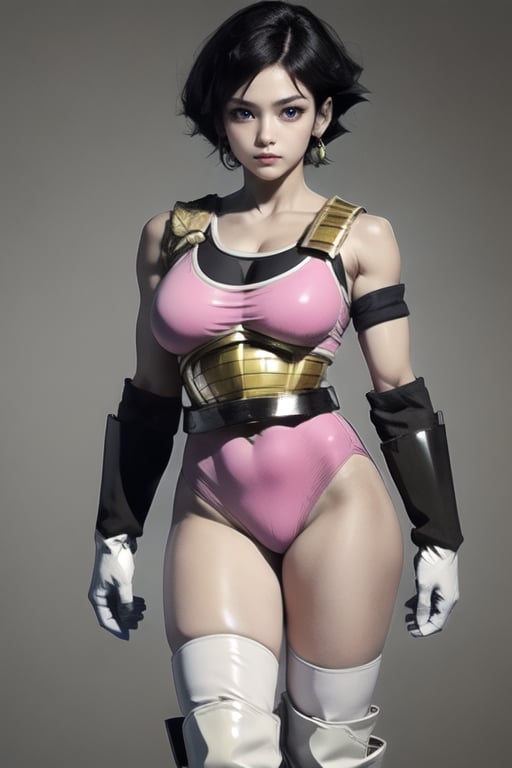 masterpiece, perfectly detailed, detailed face, detailed eyes, beautiful eyes,, masterpiece,Detailedface,suujiniku,fasha, saiyan armor, tail, white boots,Fasha, 1tail, 1girl, suujiniku, short hair, black hair, (black eyes:1.4), big breasts,  saiyan armor, brown cat tail,fasha, saiyan armor, pink leotard, white gloves, tail, black knee pads with pink straps, yellow knee high socks of different sizes, white boots, monkey tail,1 girl,