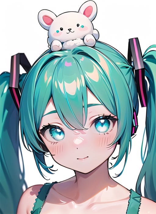 masterpiece, good lighting, perfectly detailed, best quality, masterpiece, perfectly detailed, (Hatsune Miku, glowing eyes), (Cinnamon Miku, bow on head, glowing eyes, rabbit doll with bow on head),(Hatsune Miku,(Cinnamon Miku