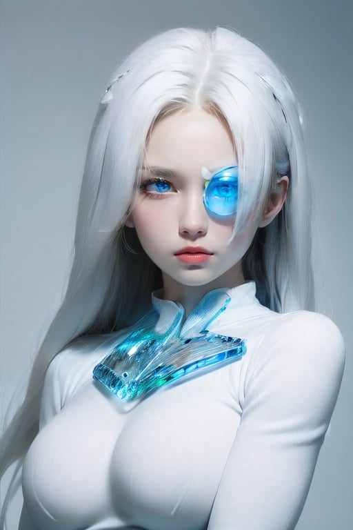 masterpiece,Detailedface, perfect eyes, ,suujiniku,,1girl, Long hair, White hair, (blue eyes:1.4), Big breast, white boots,,Saiyan Scouter,  (Saiyan Scouter Glass: transparent green glass, covers only one eye),1 girl,AGGA_ST001