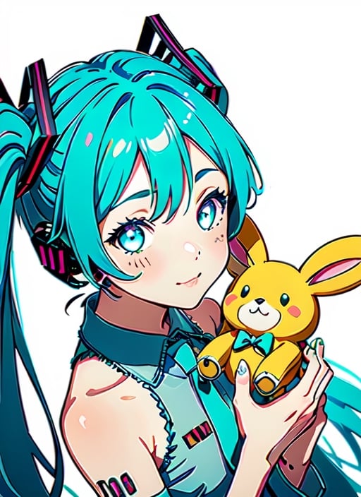 masterpiece, good lighting, perfectly detailed, best quality, masterpiece, perfectly detailed, (Hatsune Miku, glowing eyes), (Cinnamon Miku, bow on head, glowing eyes, rabbit doll with bow on head),(Hatsune Miku,(Cinnamon Miku, 