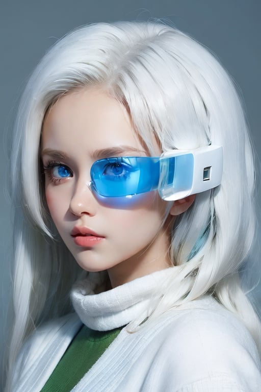 masterpiece,Detailedface, perfect eyes, ,suujiniku,,1girl, Long hair, White hair, (blue eyes:1.4), Big breast, white boots,,Saiyan Scouter,  (Saiyan Scouter Glass: transparent green glass, covers only one eye),1 girl,AGGA_ST001