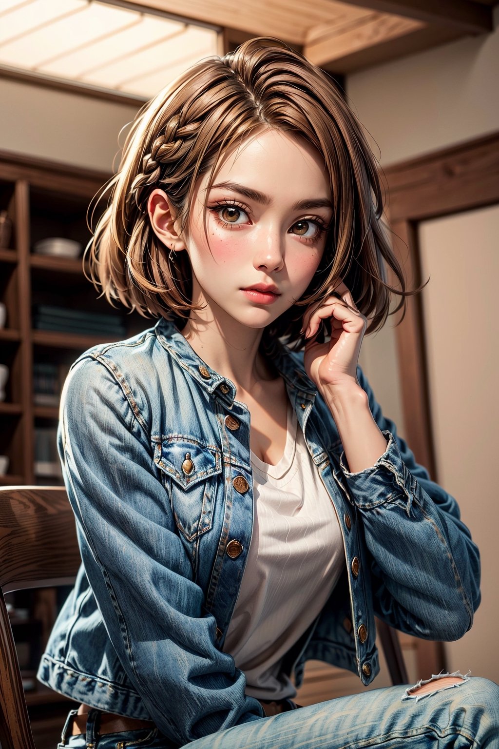 short hair, blush, brown eyes, sexy, brown hair, brown hair, jeans, braid, upper body, denim jacket, coffee, sitting, casual, dynamic pose, ,nobara kugisaki