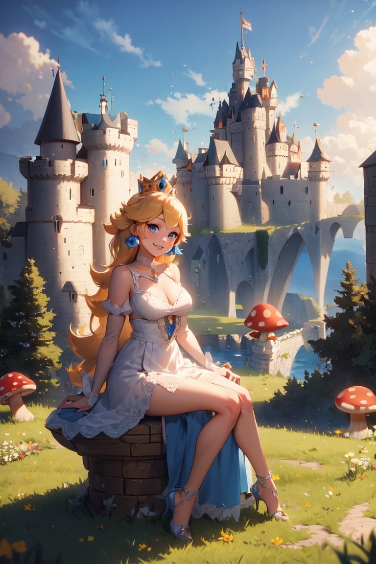 Peach_SMP, , memewaifu, bowsetto, 1girl, solo, dress, heels, mushroom kingdom, castle, smile, masterpiece, highres, detailed foreground, mushroom field, sitting