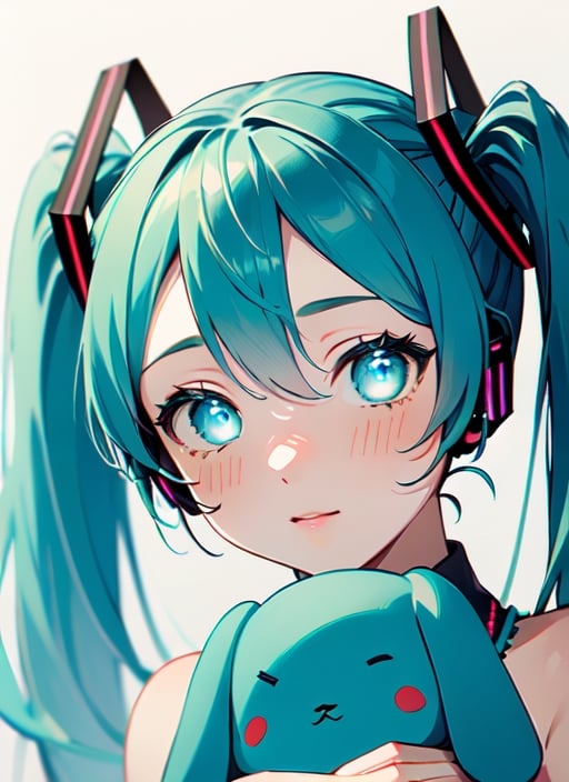 masterpiece, good lighting, perfectly detailed, best quality, masterpiece, perfectly detailed, (Hatsune Miku, glowing eyes), (Cinnamon Miku, bow on head, glowing eyes, rabbit doll with bow on head),(Hatsune Miku,(Cinnamon Miku