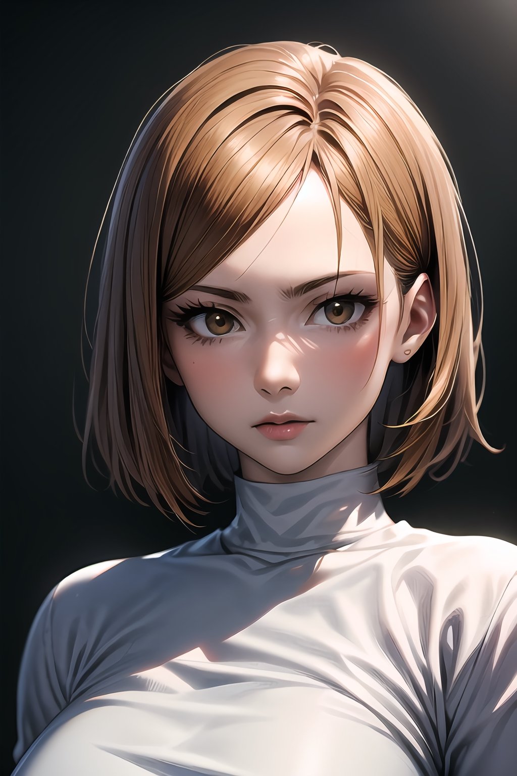 kugisaki nobara, best quality, highres, 1girl, intricately detailed clothes, narrow waist, orange brown hair, short hair, orange brown eyes, stunning hourglass figure, beautiful symmetrical face, perfect skin, textured hair, 8k resolution, photorealistic ultra detailed, medium boobs, photography of a 20yo woman, masterpiece, white t-shirt, jacket, skinny_jeans ,photorealistic,analog,realism, ,nobara kugisaki