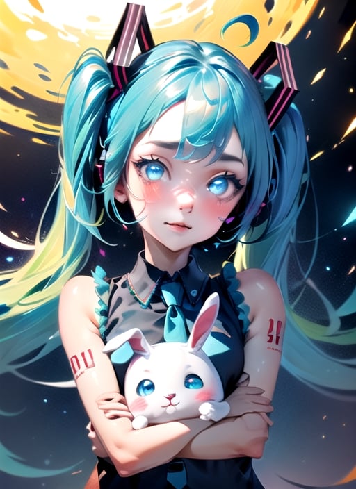 masterpiece, good lighting, perfectly detailed, best quality, masterpiece, perfectly detailed, (Hatsune Miku, glowing eyes), (Cinnamon Miku, bow on head, glowing eyes, rabbit doll with bow on head),High detailed 