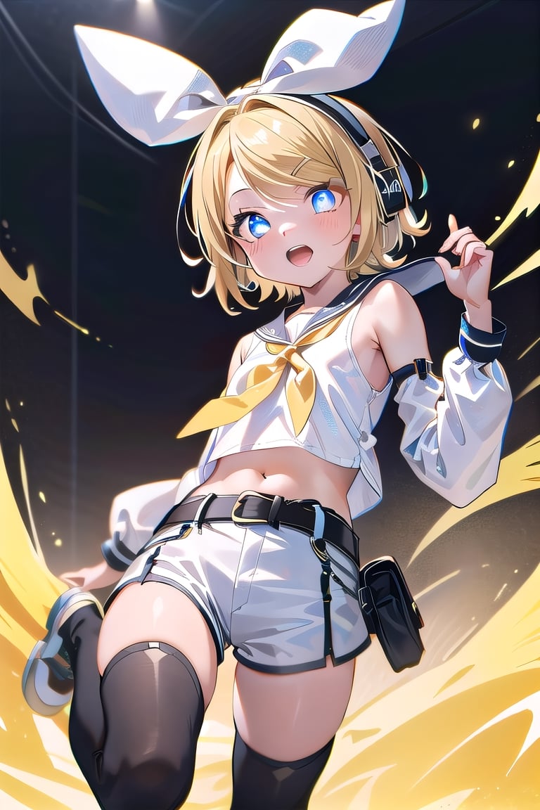 masterpiece, best quality, Rin Kagamine, glowing eyes, short hair, number tattoo, bow, white shirt, detached sleeves, belt, sailor collar, headphones, shorts, leg warmers