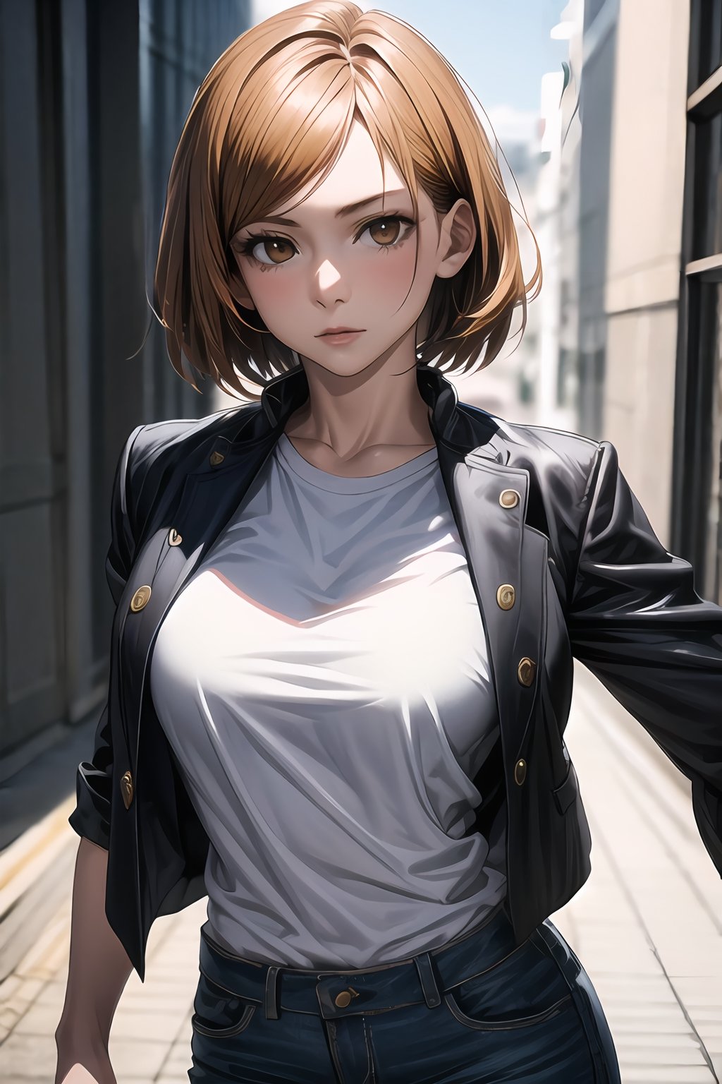 kugisaki nobara, best quality, highres, 1girl, intricately detailed clothes, narrow waist, orange brown hair, short hair, orange brown eyes, stunning hourglass figure, beautiful symmetrical face, perfect skin, textured hair, 8k resolution, photorealistic ultra detailed, medium boobs, photography of a 20yo woman, masterpiece, white t-shirt, jacket, skinny_jeans ,photorealistic,analog,realism, ,nobara kugisaki