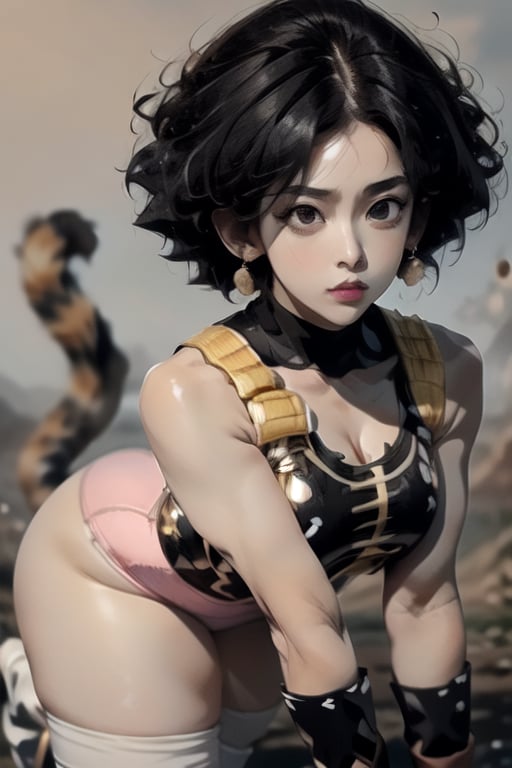 masterpiece, perfectly detailed, detailed face, detailed eyes, beautiful eyes,, masterpiece,Detailedface,🥸🧕🍆👁,suujiniku,fasha, saiyan armor, tail, white boots,Fasha, 1tail, 1girl, suujiniku, short hair, black hair, (black eyes:1.4), big breasts,  saiyan armor, brown cat tail,fasha, saiyan armor, pink leotard, white gloves, tail, black knee pads with pink straps, yellow knee high socks of different sizes, white boots, monkey tail,1 girl